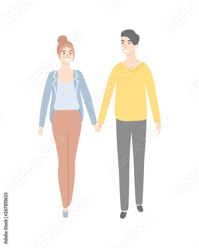People man and woman walking and holding hands isolated cartoon style male and female. Vector smiling pretty girl, dating couple, husband and wife