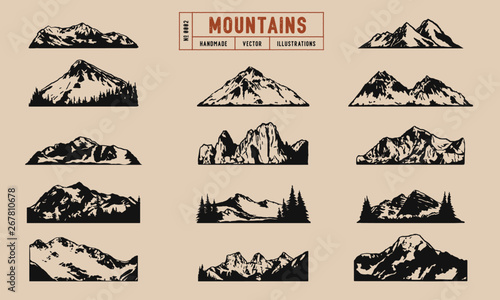 Mountain peaks and ridges vector illustrations hand drawn, isolated on a cream background.
