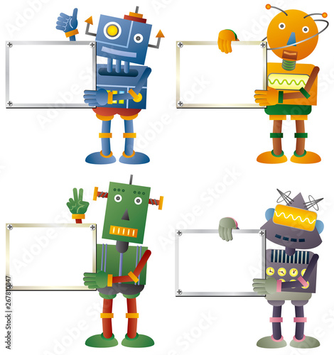ホワイトボードを持つロボット4体