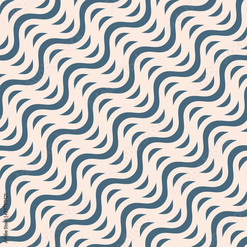 Vector seamless pattern, diagonal wavy lines, curved stripes. Simple blue and beige background. Abstract  geometric repeat texture. Minimal design for prints, decoration, textile, fabric, furniture