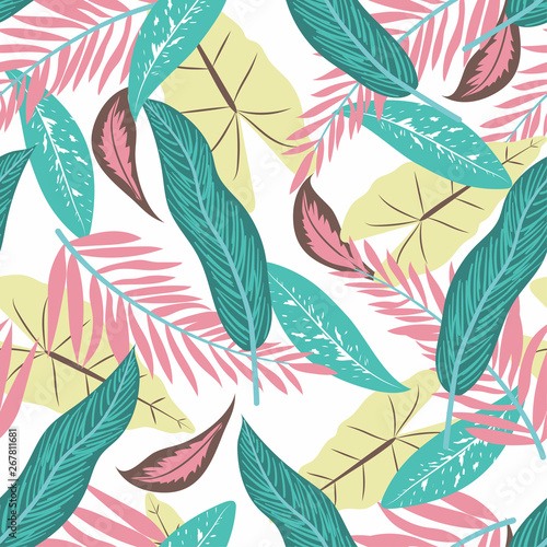 Seamless pattern with blue and pink  tropical leaves. Vector design. Flat jungle print. Floral background.