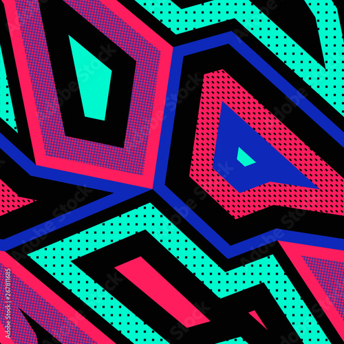 Vector abstract seamless pattern with geometric shapes. Retro 90s style design