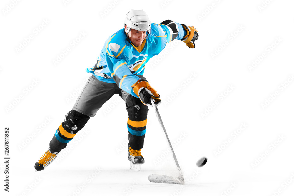 Professional ice hockey player in action on white backgound Professional ice hockey player in action on white backgound