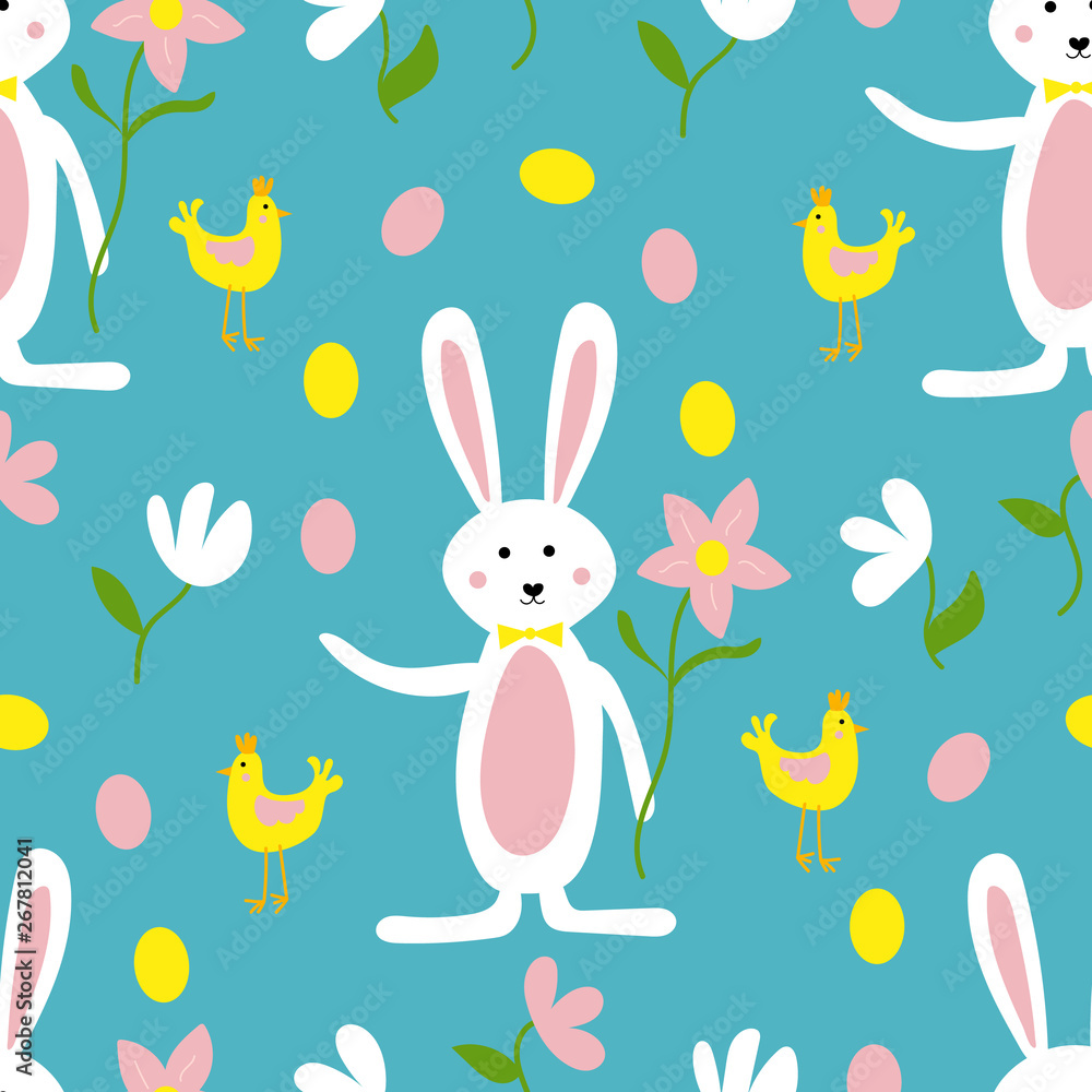 Cute Easter Bunny, Flowers and Chicken Seamless Pattern Print Background