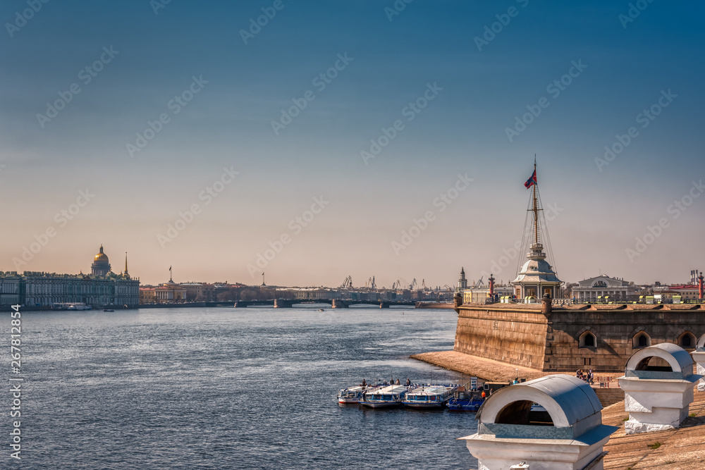 The Winter Palace and the Dvorcoviy Bridge with the Neva viewed from the wall of the Peter and Paul Fortress in Saint Petersburg, Russia