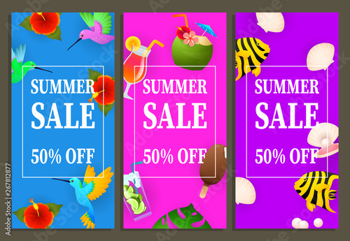 Summer sale vertical banners design. Fly birds, coconut cocktail, tropical fish on blue, pink and purple background. Vector illustration can be used for posters, flyers, signs