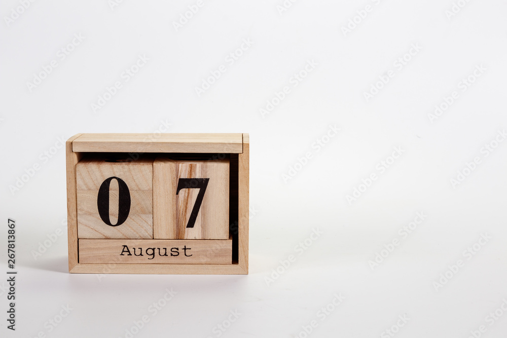 Wooden calendar August 07 on a white background Wooden calendar August 07 on a white background