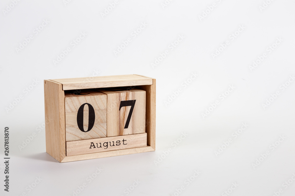 Wooden calendar August 07 on a white background Wooden calendar August 07 on a white background