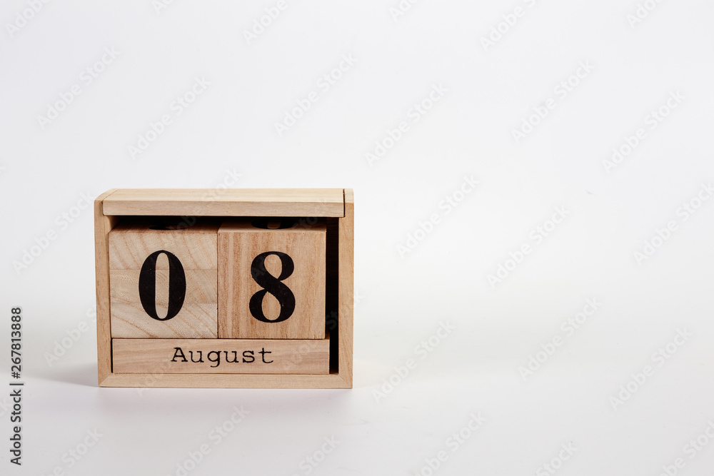 Wooden calendar August 08 on a white background Wooden calendar August 08 on a white background