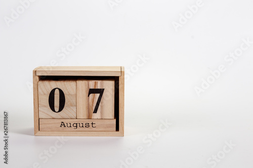 Wooden calendar August 07 on a white background