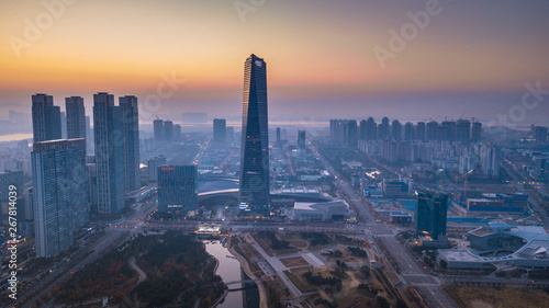 Aerial view of Incheon,Central Park is a modern city there are many condos and offices. in Songdo International Business District It's life for modern city people of South Korea