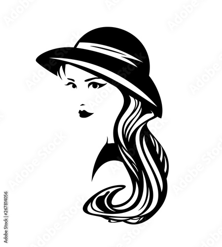 beautiful elegant woman with long hair wearing small retro style hat - black and white vector portrait