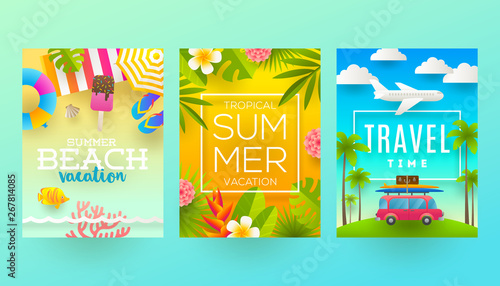 Vector flat design. Set of summer holidays and tropical vacation  posters or greeting card.