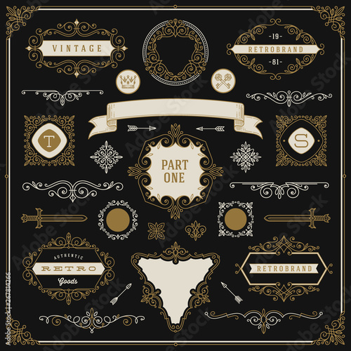 Set of vintage design elements - flourishes and ornamental frames, dividers, border, banners and other heraldic elements for emblem, logo, heraldry, greeting, invitation, page design, identity design,