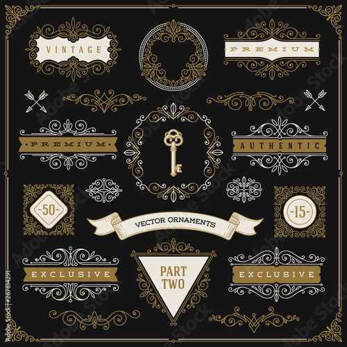 Set of vintage design elements - flourishes and ornamental frames, dividers, border, banners and other heraldic elements for emblem, logo, heraldry, greeting, invitation, page design, identity design,