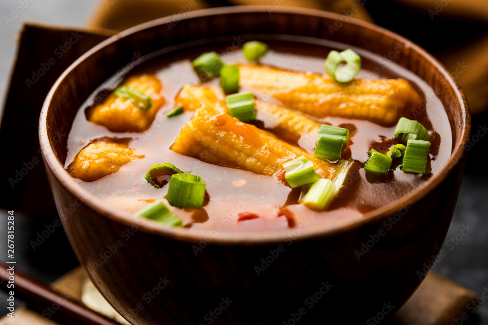 Baby Corn Manchurian with gravy - popular Indo-chinese recipe. selective focus Baby Corn Manchurian with gravy - popular Indo-chinese recipe. selective focus