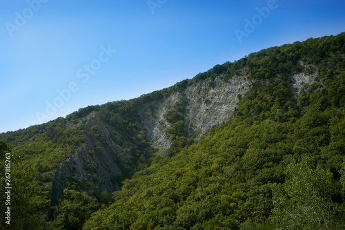 Big mountain covered with trees against the blue sky. Beautiful mountain in the vicinity of Geledzhik, Russia