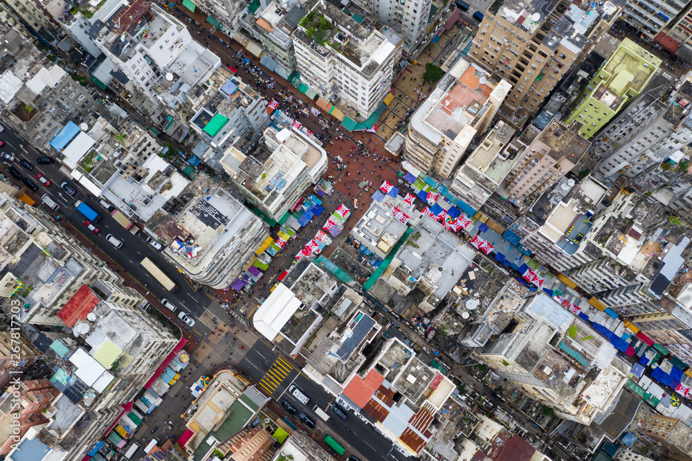 Drone fly over  Hong Kong city