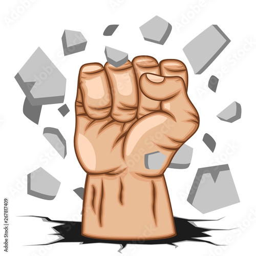 Strong human hand punched a hole in the wall on a white background.