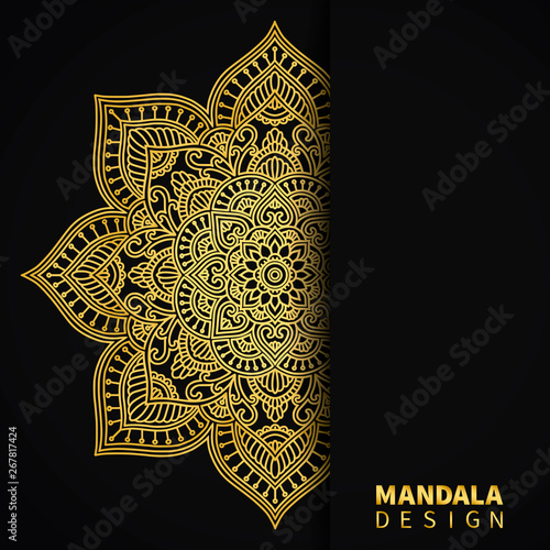 Golden mandala design. Ethnic round ornament. Hand drawn indian motif. Unique golden floral print. Elegant invitation card for wedding. Abstract luxury background. Mehendi meditation yoga henna theme.