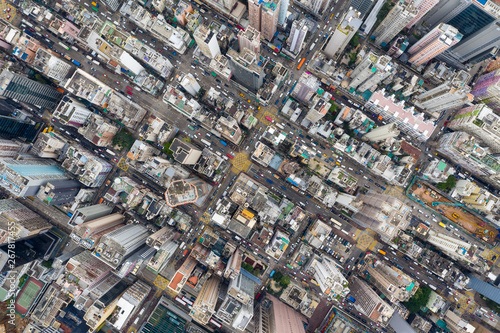 Top view of Hong Kong downtown city in Kowloon side © leungchopan