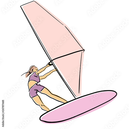 Single female windsurfer on windsurf board. Vector flat illustration. Colorful drawing. Isolated black contour and colors.