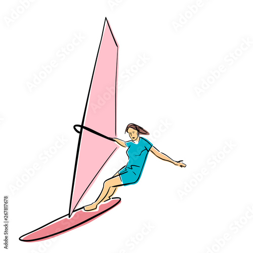 Single female windsurfer on windsurf board. Vector flat illustration. Colorful drawing. Isolated black contour and colors.