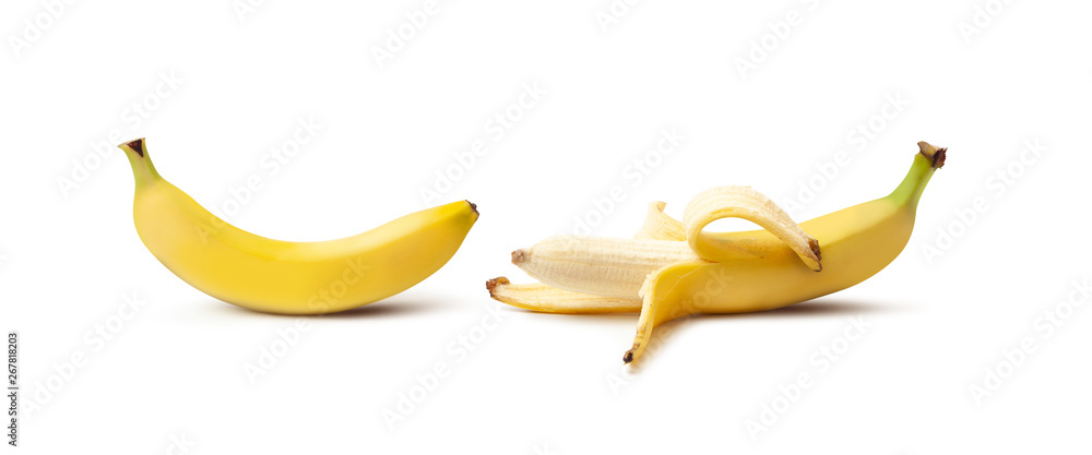 Whole and peeled banana isolated on white background