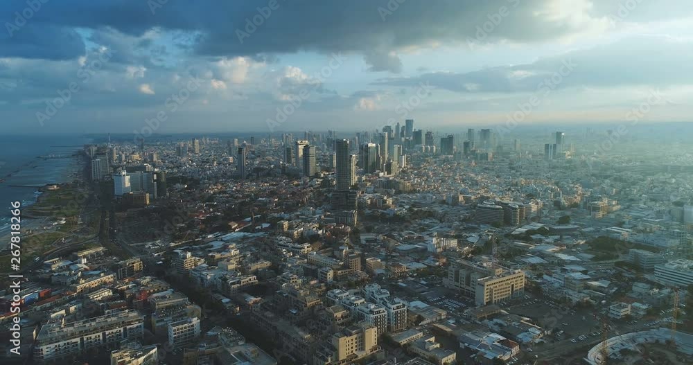 Tel Aviv Skyline from Drone. Aerial shot long super wide horizon view Tel Aviv Skyline from Drone. Aerial shot long super wide horizon view
