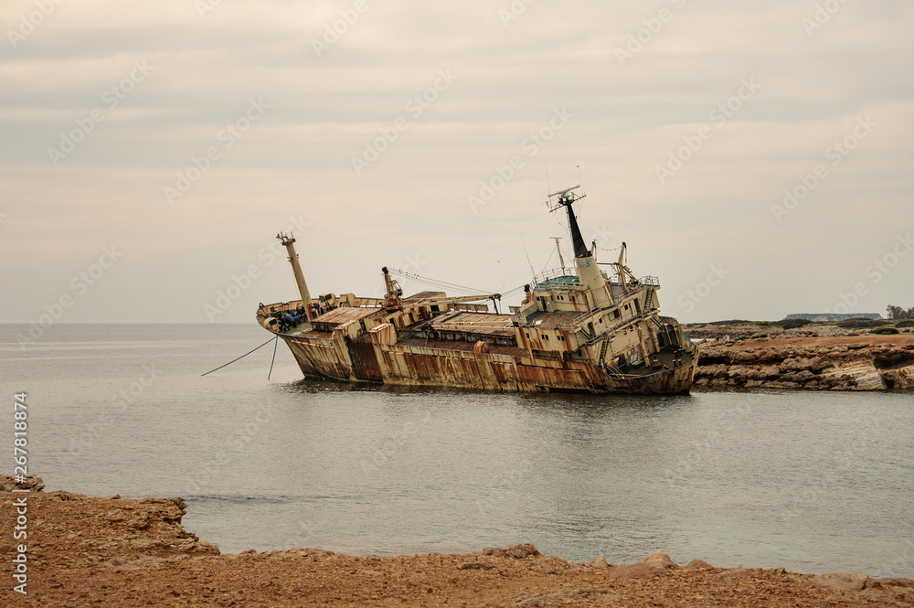 Abandoned old ship near cyprian shallow coast Abandoned old ship near cyprian shallow coast
