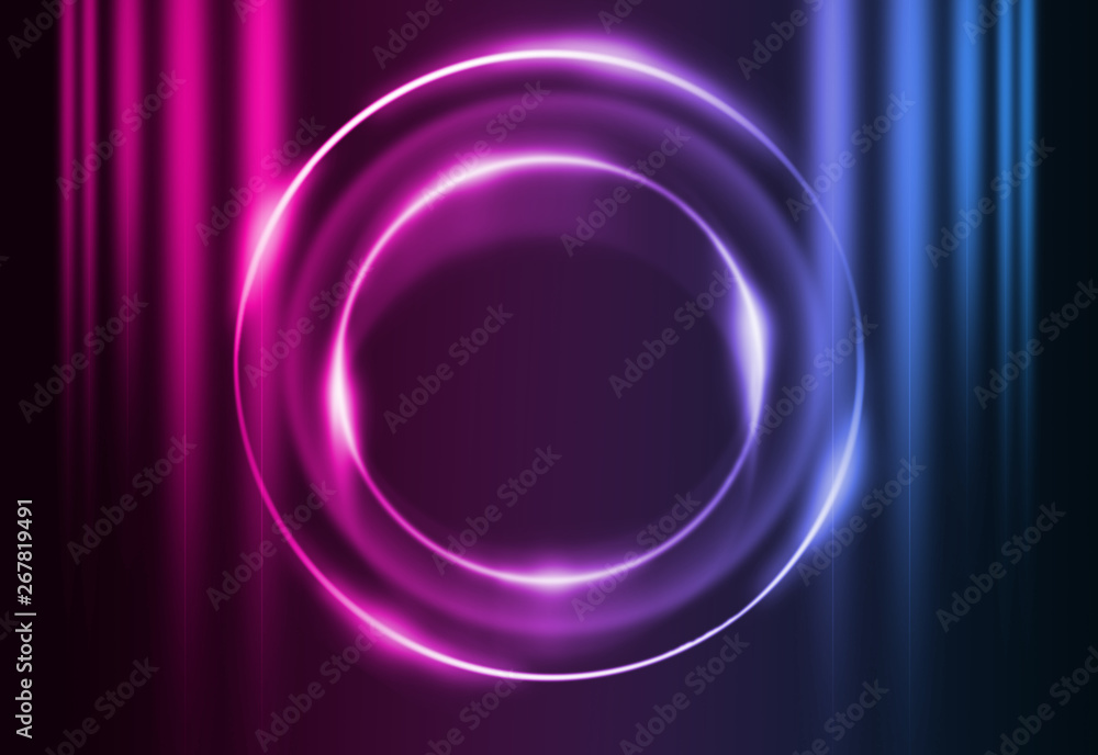 Dark abstract futuristic background. Neon lines and shapes. Neon glow and rays on a dark background