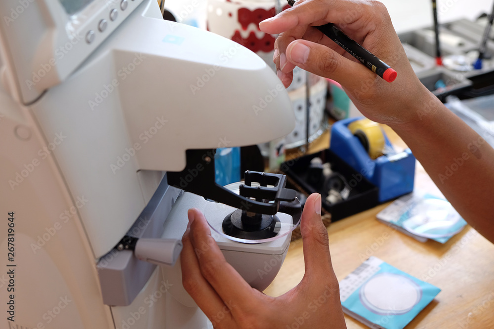 Collage image of the glasses manufacturing process.Health care, Man