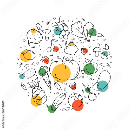 Line style banner with food icons. Hand drawn modern nutrition concept. Food banner template