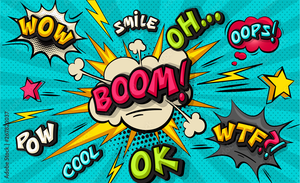 Boom pop art cloud bubble. Smile, wow, pow, cool, ok, oops, wtf funny  speech bubble. Trendy