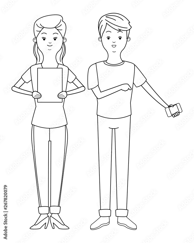 Millennial couple cartoon in black and white Millennial couple cartoon in black and white
