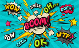 Boom pop art cloud bubble. Smile, wow, pow, cool, ok, oops, wtf funny speech bubble. Trendy Colorful retro vintage background in pop art retro comic style. Illustration easy editable for Your design.