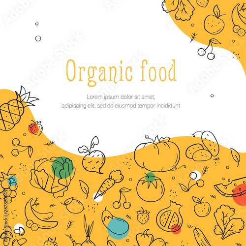 Line style banner of organic food. Hand drawn modern nutrition concept. Food banner template