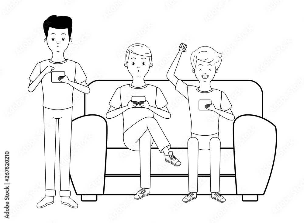 young men cartoon in black and white