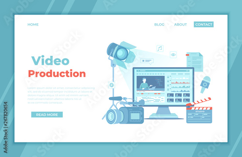 Video Production, Recording, Videography, Blogging. Design tv news studio. Сamera, microphone, clapper board, video editor on screen, scenario, illuminator. landing page template or banner. Vector