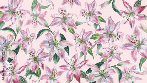 Pink background with white and pink watercolor lilys. 