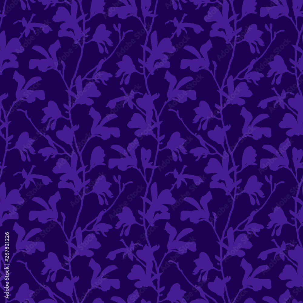 Purple floral background with branch and magnolia flower. Seamless pattern with magnolia tree blossom. Spring design with floral elements. Hand drawn botanical illustration. Purple floral background with branch and magnolia flower. Seamless pattern with magnolia tree blossom. Spring design with floral elements. Hand drawn botanical illustration.