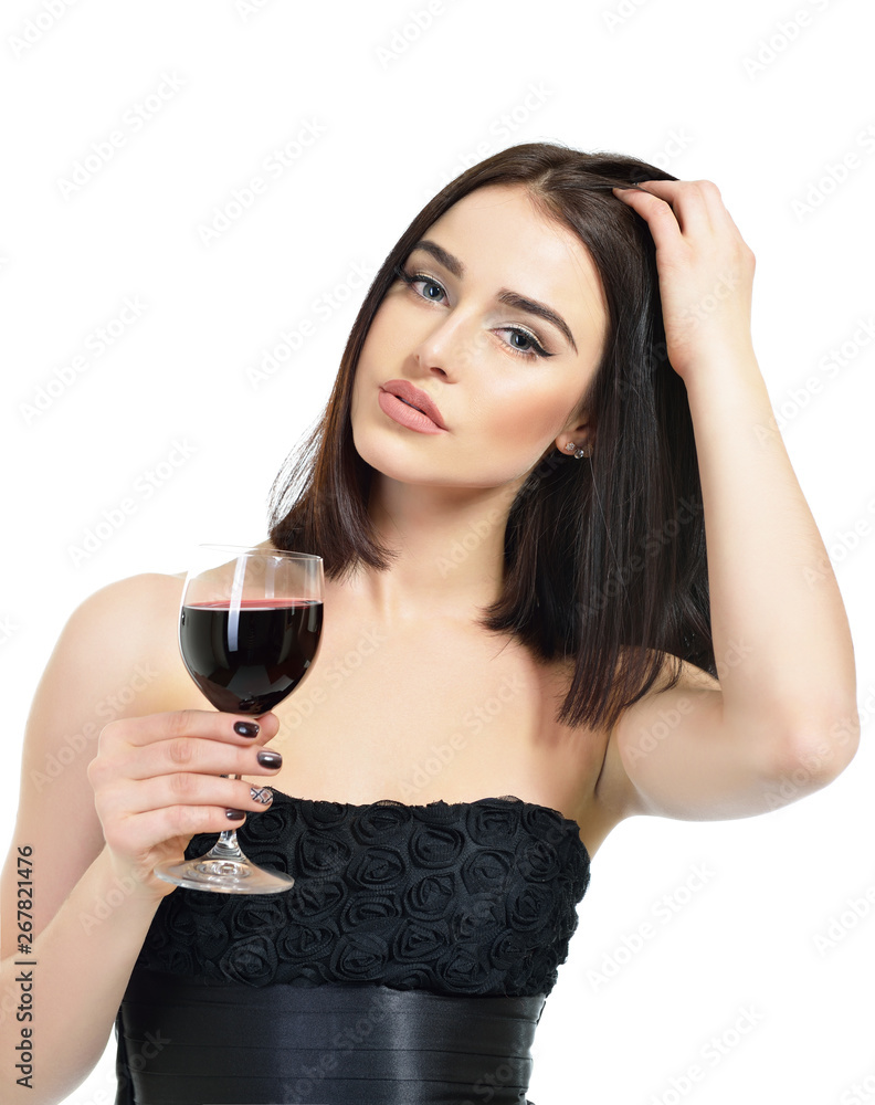 Young attractive woman holding glass of red wine. Pretty lady drinks alcoholic drink Young attractive woman holding glass of red wine. Pretty lady drinks alcoholic drink