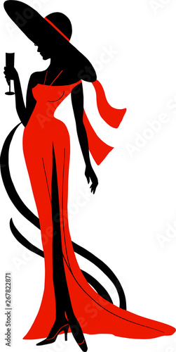 Silhouette of woman in long dress and big hat with wineglass. Stylish fashion illustration
