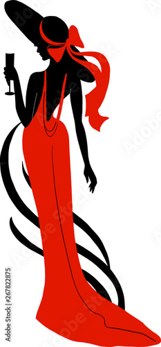 Silhouette of woman in long dress and big hat with wineglass. Stylish fashion illustration