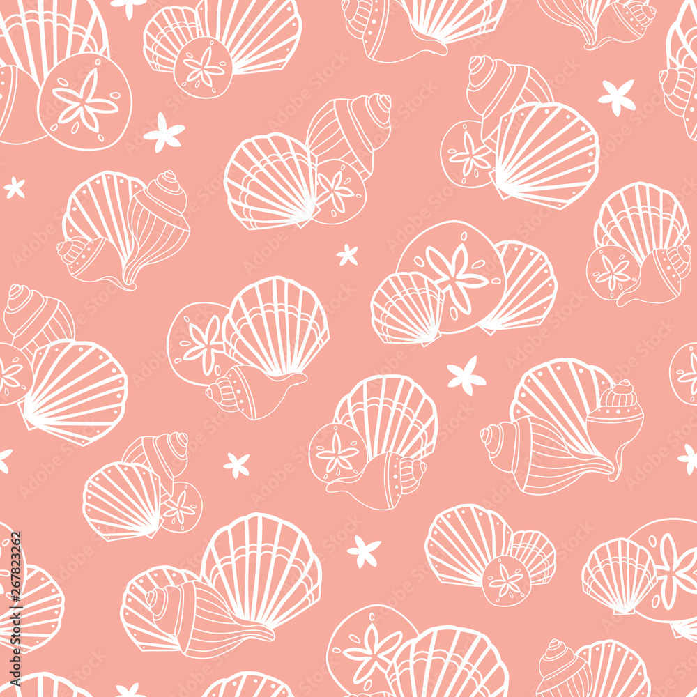 Vector white seashells on coral pink seamless pattern background. Perfect for wallpaper, scrapbooking, invitations, or fabric application. Vector white seashells on coral pink seamless pattern background. Perfect for wallpaper, scrapbooking, invitations, or fabric application.