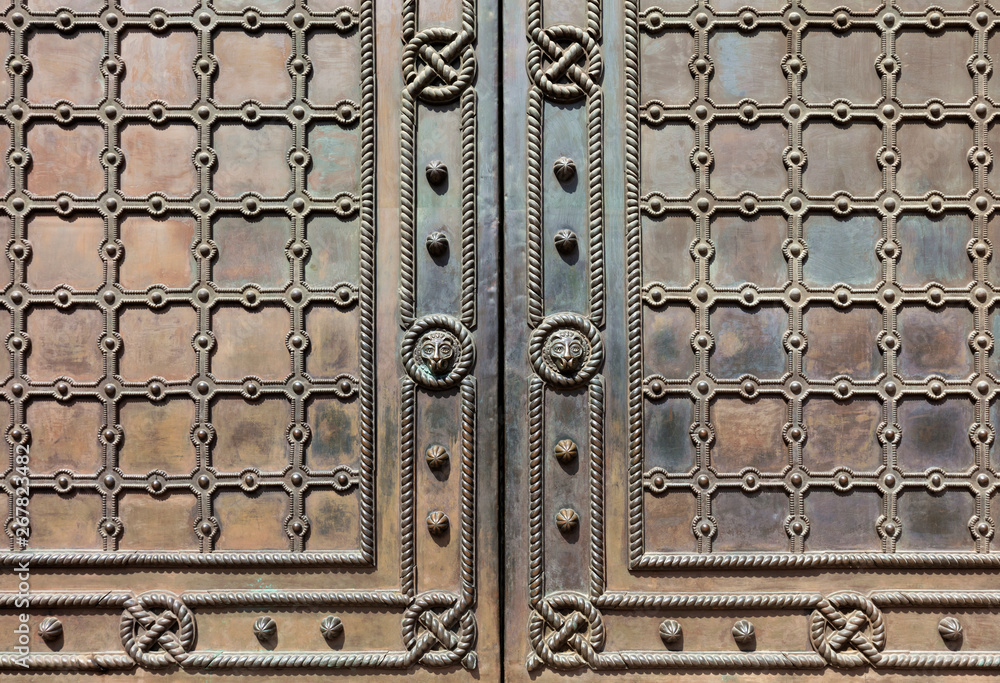 Antique metal doors covered with wrought iron grille and patterned pattern.