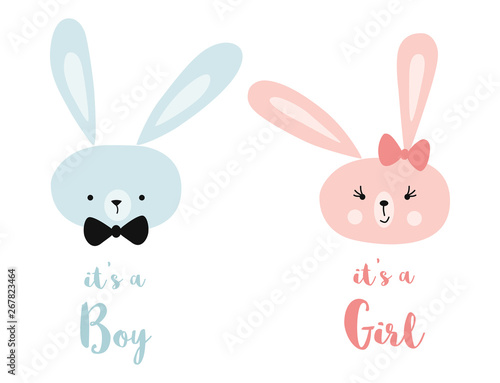 It's a boy it's a girl Vector greeting card. Baby shower card. Baby card design element Rabbit head