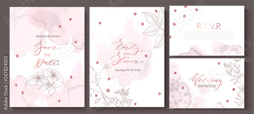 Fototapeta Naklejka Na Ścianę i Meble -  Wedding invitation cards with watercolor texture,hand-drawn flowers and plants,geometric shapes and sequins.Vector illustration.