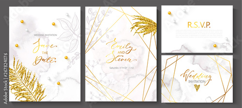 Wedding invitation cards with watercolor texture,beads,hand-drawn flowers and plants,geometric shapes and Golden sequins.Vector illustration.