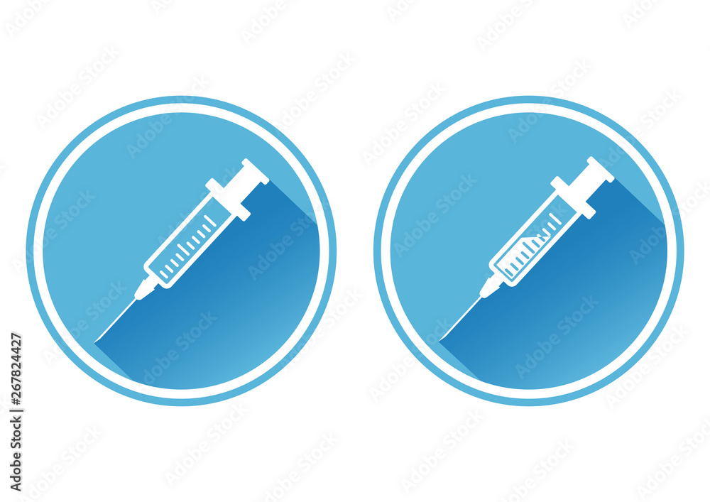 Icons empty syringe for injection, syringe with vaccine. White syringes on blue background. Vector illustration Icons empty syringe for injection, syringe with vaccine. White syringes on blue background. Vector illustration